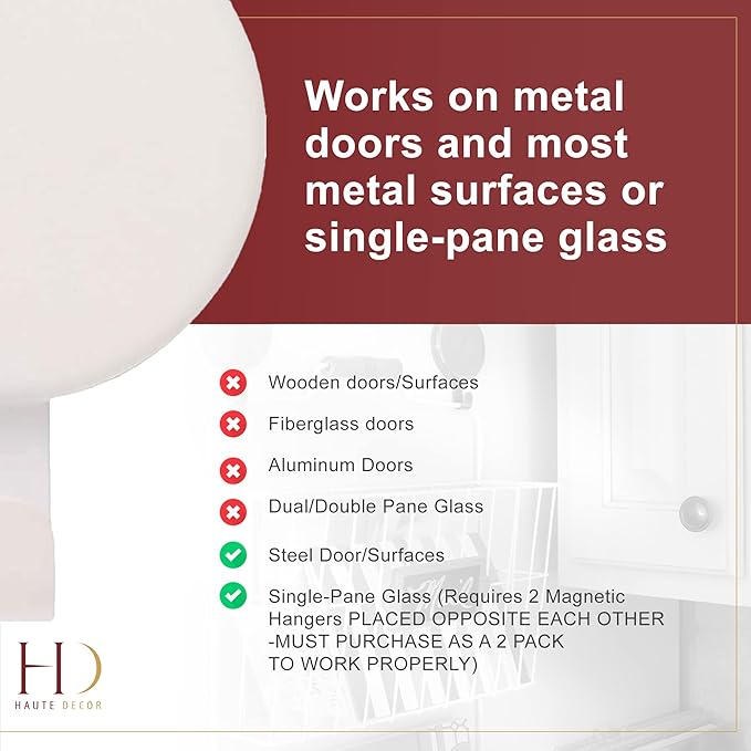 Haute Decor Attract Magnetic Wreath Hanger (White) - for 2 Metal Doors/Surfaces or 1 Single-Pane Glass Door or Window - Holds up to 10lbs.