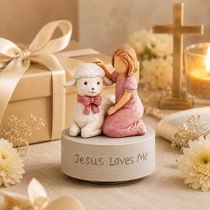 AIDLNS Jesus Loves Me Music Box, Christian Baptism Gift for Girls, Hand-Painted Lamb Figurine, Religious Keepsake for Christening, First Communion, Easter, Christmas, Granddaughter & Goddaughter Gift
