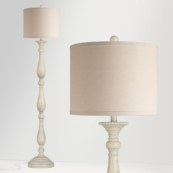 PARTPHONER Vintage Floor Lamp for Living Room, Rustic Farmhouse Standing Lamp with Rotary Switch and Linen Shade, Retro Resin Floor Lamp for Bedroom, Corner, Dining Room, House Decor, White