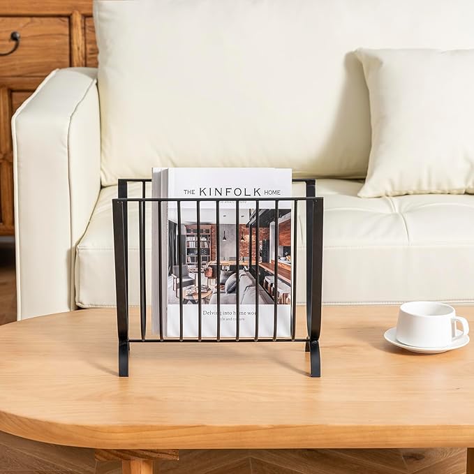 MyGift Matte Black Metal Magazine Rack, Deluxe Mid Century Wire Magazine Rack, Tabletop or Floor Standing Sling Basket for Magazines and Newspapers