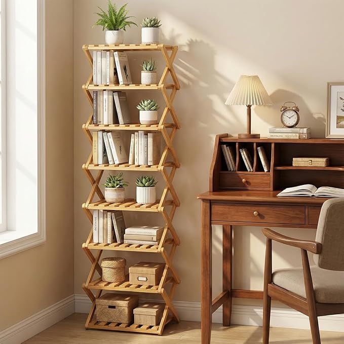 The 9-Tier No-Assembly Bamboo Rack, 3-9 Tiers Bamboo Shoe Rack, Foldable Bamboo Vertical Shoe Organizer, Multifunctional & Space-Saving, For Entryway, Closet, Corner, Bedroom, Hallway (Walnut, 6Tiers)