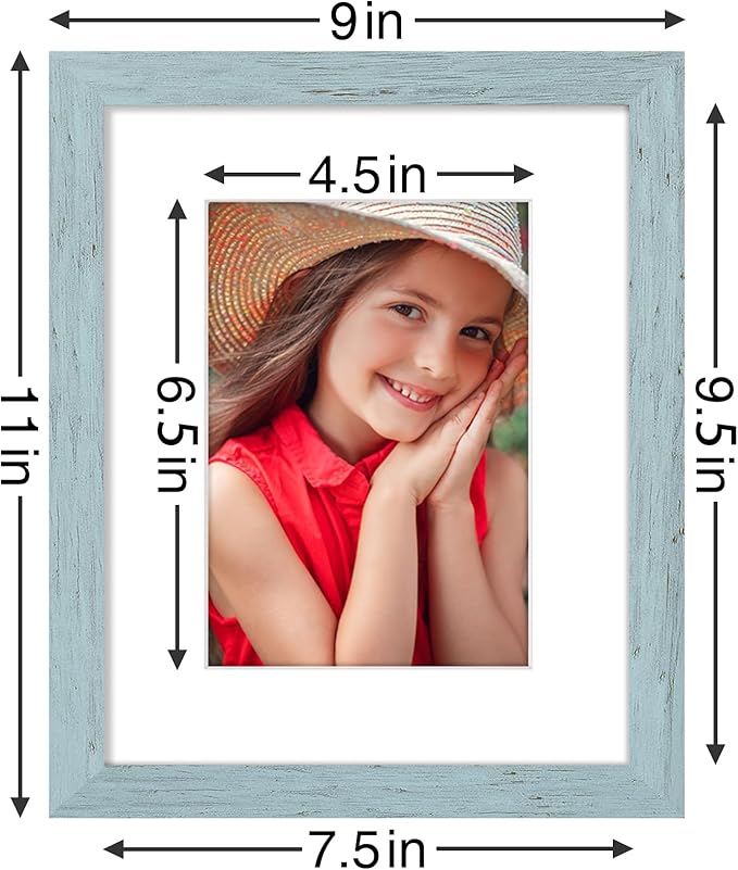 Vittanly 8x10 Picture Frames Set of 9, Shatter Resistant Plexiglass, Display 5x7 Pictures with Mat or 8x10 without Mat, Photo Frames for Wall or Tabletop, Engineered Wood, Rustic Blue
