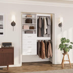 ROOMTEC Modular Closet System, 64" Wall-Mounted Closet Organizer with Drawers and Hanging Rods, Wooden Tower for Walk-In Closets, Wardrobe Storage Kit, White