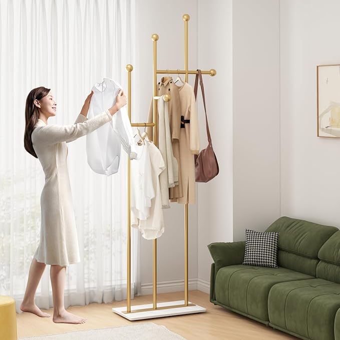 Gold Coat Racks with Marble Base Heavy Duty Clothes Rack Metal Coat Tree for Clothes Hats Scarfs Totes-19.7''L,GOLD