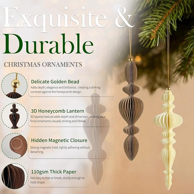 12Pcs Christmas Honeycomb Ornaments for Tree, 3D Paper Honeycomb Hanging Decorations Vintage Finial Christmas Ornaments Lanterns for Xmas Tree New Year Holiday Party Home Decor, Brown Khaki Beige