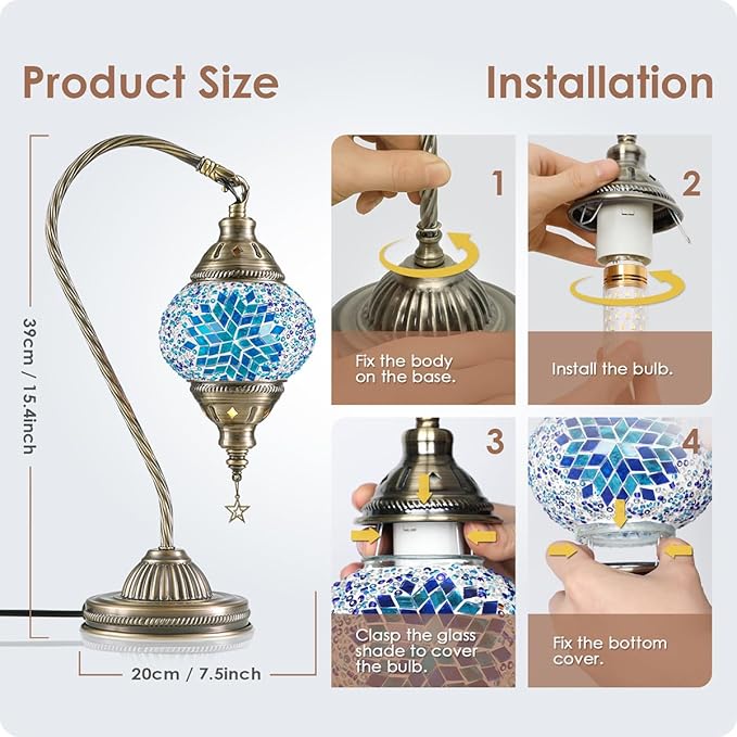 Yarra-Decor Turkish Moroccan Lamp with Bronze Base 3 Color Options Handmade Swan Neck Tiffany Mosaic Glass Bedside Lamps for Bedroom (LED Bulb Included)
