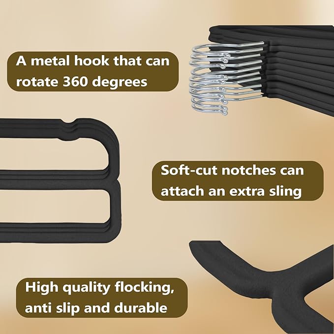 VSV stoage Velvet Pants Hangers with Double Non Slip Bar - Multiple Velvet Hangers for Closet - Thin Space Saving Clothes Hanger - 360° Swivel Felt Trouser Hanger Perchas Terciopelo 10 Pack (Black)
