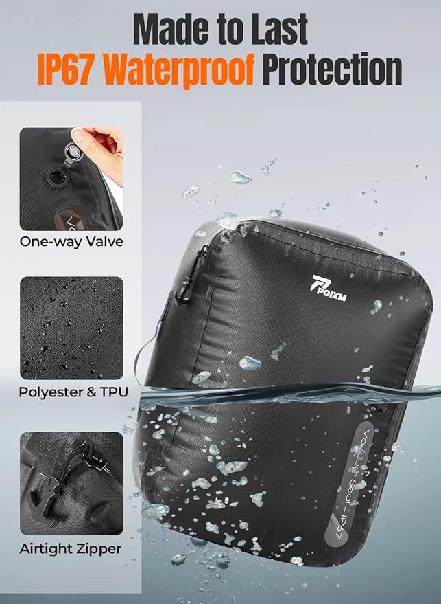 Vacuum Bags for Travel with Wireless Pump, 180° Open Zipper, IP67 Waterproof, Reusable Space Saver Compression Bags for Home Storage, Backpack, Suitcase(3 Pack + Pump)