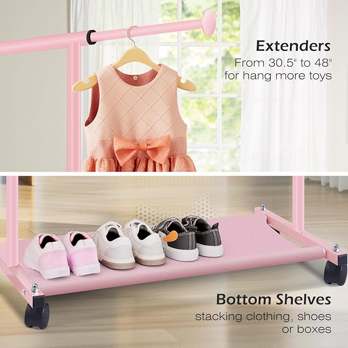 MISSLO Small Garment Racks for Hanging Clothes Rack Mini Kids Clothing Rack Rolling Dress up Storage for Toddler, Baby, Little Girl, Children, Adult(Pink)