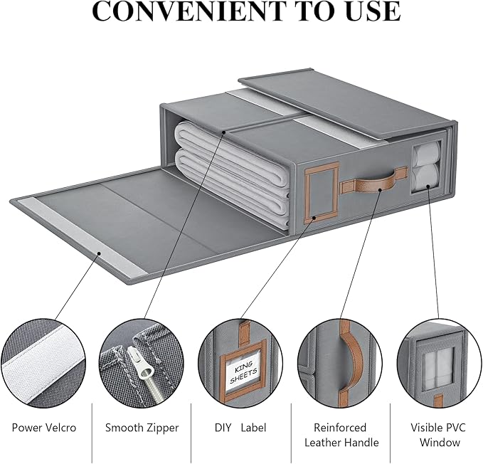 8 Pack Foldable Bed Sheets Set Organizers and Storage(King & Queen Size),Linen Fabric Closet Organizers with Window,Folding Bedding Storage Box for Bedsheets and Pillow Cube Organizer-Gray