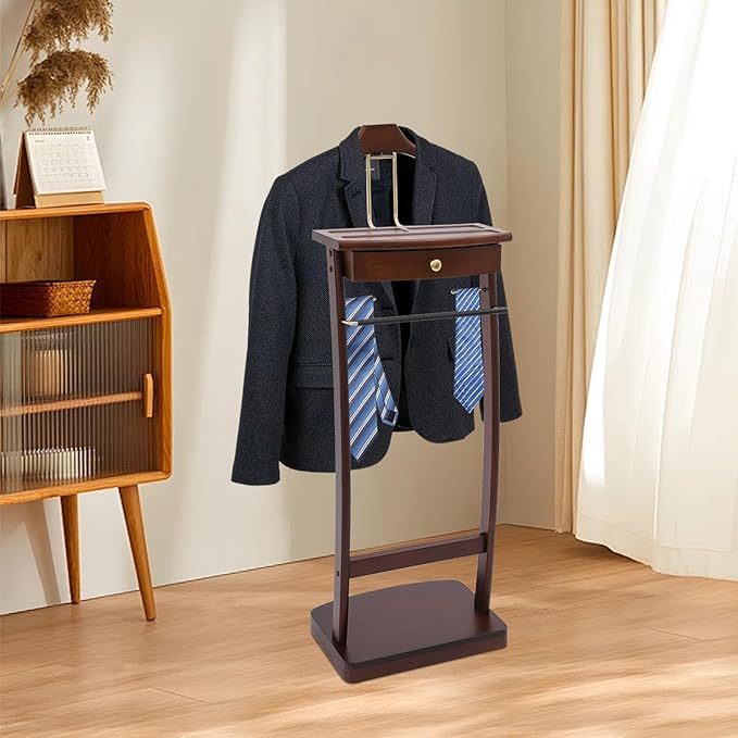 Wooden Suit Valet Stand | Freestanding Clothes Rack with Drawer & Sturdy Base, Ideal for Home Office Hotel