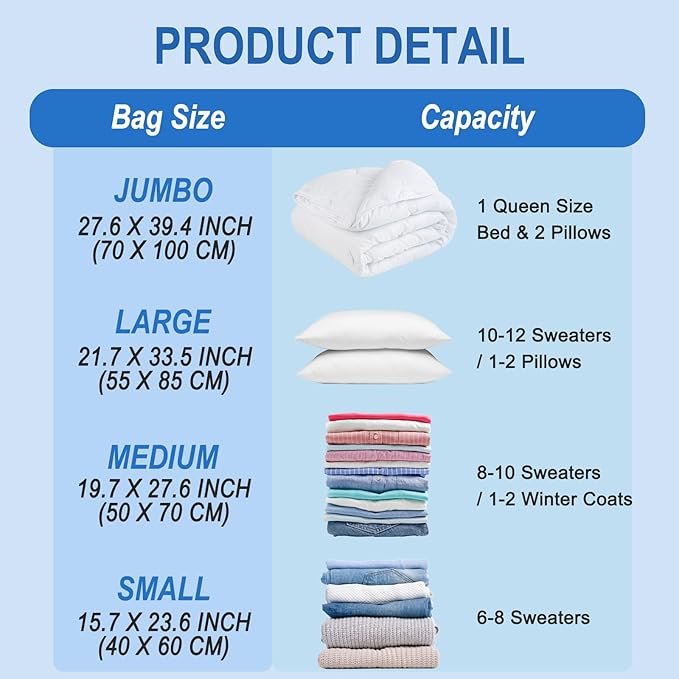 Vacuum Storage Bags with Hand Pump, Plastic Packaging Bags, 80% Space Saver Vacuum Seal Bags for Clothing, Travel Lugggage, Blankets, Comforters, 16 Combo