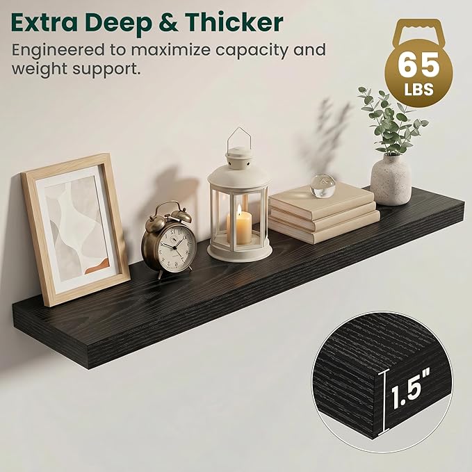 Floating Shelves for Wall 48 in x 9.3 in Deep, Wall Mounted Rustic Wood Shelf with Invisible Brackets for Storage & Display, Living Room Bedroom Bathroom, Black, 2 Pack