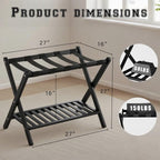 Bamboo Luggage Rack with Shoe Shelf Folding Suitcase Stand with 5 Heavy-Duty Straps for Guest Room Living Room Hotel Ideal Luggage Holder for Suitcases Bags Shoes,Black