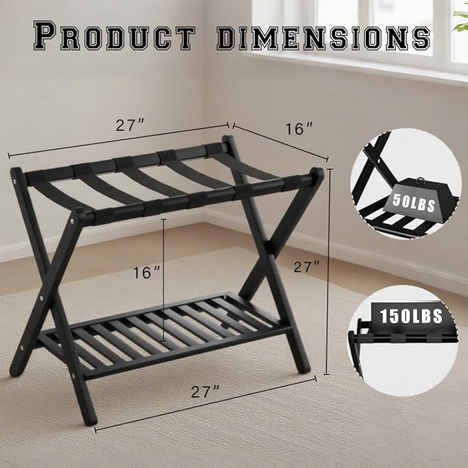 Bamboo Luggage Rack with Shoe Shelf Folding Suitcase Stand with 5 Heavy-Duty Straps for Guest Room Living Room Hotel Ideal Luggage Holder for Suitcases Bags Shoes,Black