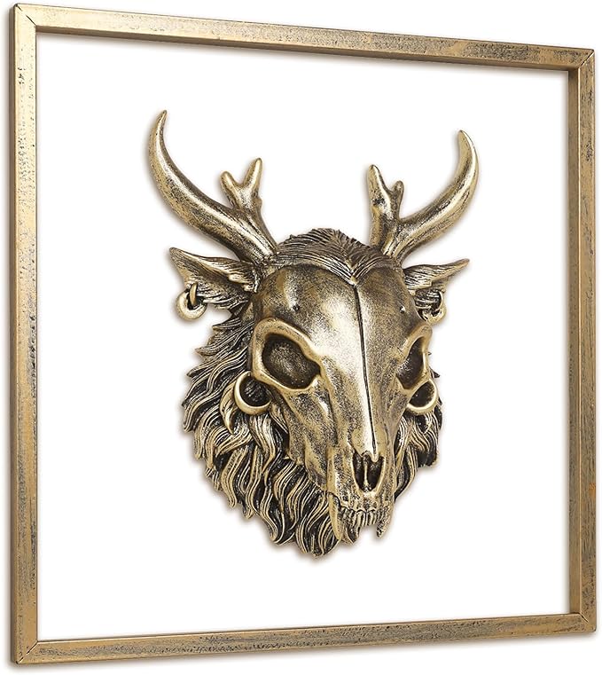JJALIGHTS Exquisite Resin Animal Head Wall Sculpture (Gift Metal Frame) - Imitation Copper Vintage Decor for Living Room, Bedroom & Office | Decorative Wall Hanging Art (Wendigo)