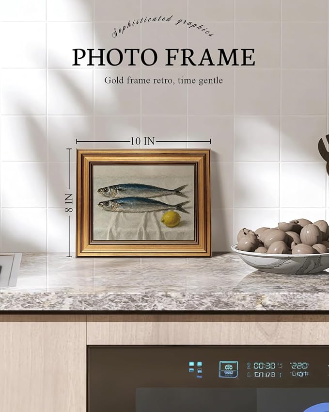 VIYYIEA Vintage Gold Framed Wall Art for Living Room, Salted Fish Canvas Prints Home Decor, Oil Painting Picture, Bedroom Wall Decor Gifts for Friends or Family -【Salted Fish & Lemon】-(10L x 8W)