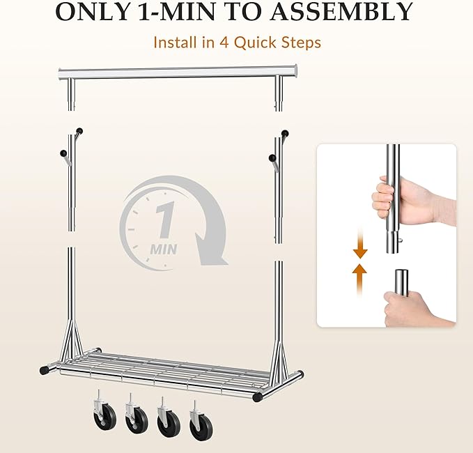 Heavy Duty Clothes Rack Load 630 lbs, Metal Rolling Clothing Rack With Sturdy Wheel And Shelves, Adjustable Portable Hanging Garment Rack For Clothes,Chrome Stainless Steel