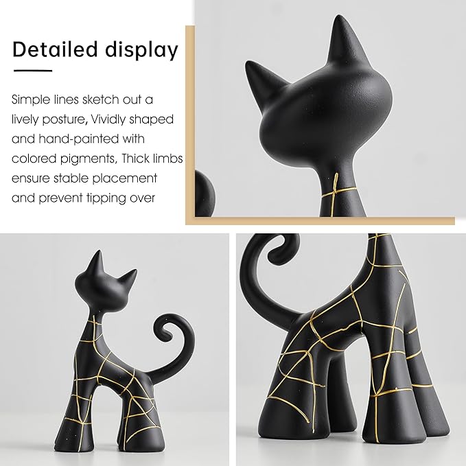 Octdays Modern Cat Statue Decor, Matte Black Abstract Cat Figurine with Hand-Painted Lines, Unique Resin Sculpture for Living Room, Bookshelf, Office, Minimalist Home Decor Gift for Cat Lovers