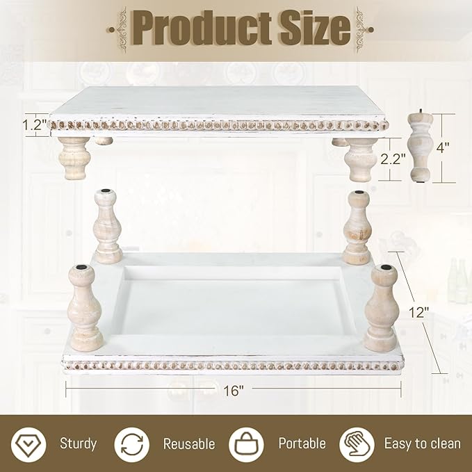 MAONAME Wood Display Risers Decorative Tray, Farmhouse Pedestal Stand for Display Home Decor, Vintage White Beaded Wooden Tray for Kitchen Counter, Short and Tall Footed