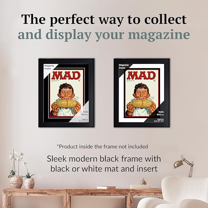 Creative Picture Frames 8 x 11 Magazine Frame with Full-Strength Glass, Holds Up To A 1/4" Thick Media with Installed Hangers for Easy Mounting, 10x12 Black Frame with Black Mat