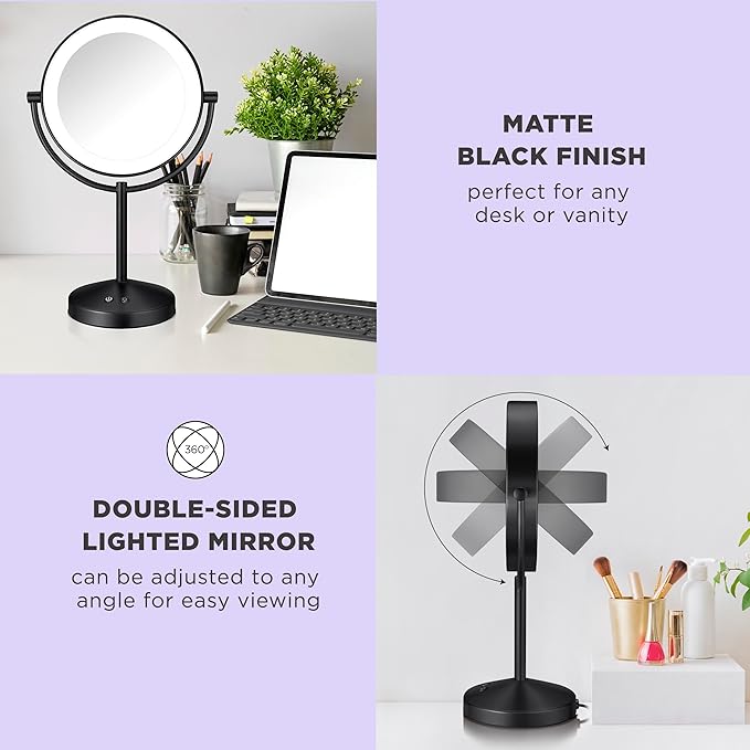 Conair Lighted Makeup Mirror, Double-Sided LED Vanity Mirror with 1X/10X Magnification, 3 Light Settings, 3 Modes, 360° Rotation, Matte Black Finish