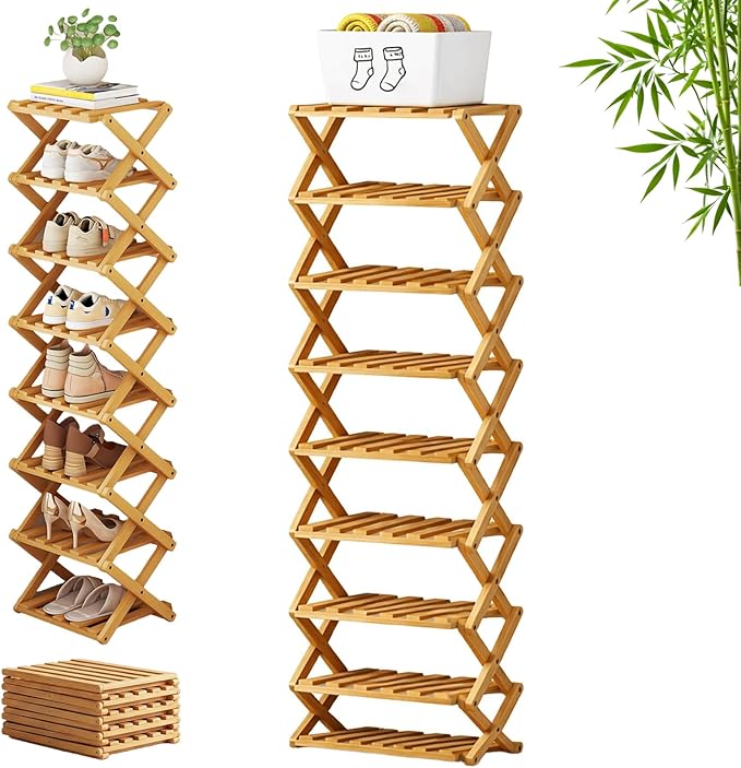 The 9-Tier No-Assembly Bamboo Rack, 3-9 Tiers Bamboo Shoe Rack, Foldable Bamboo Vertical Shoe Organizer, Multifunctional & Space-Saving, For Entryway, Closet, Corner, Bedroom, Hallway (Wood, 9Tiers)