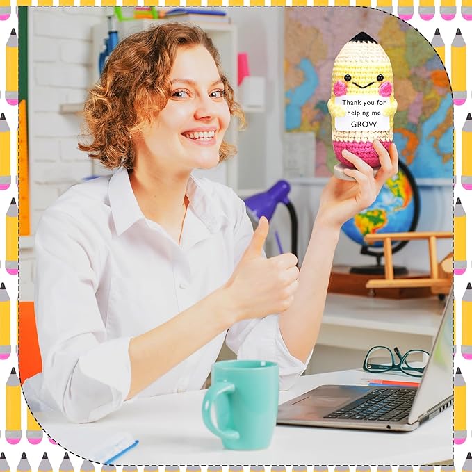 Wavwavw 3 Pack Teacher Appreciation Gift Positive Flower Handmade Crochet Doll Thank You for Helping Me Grow Gifts Back to School Gifts for Women Teacher(Pencil)