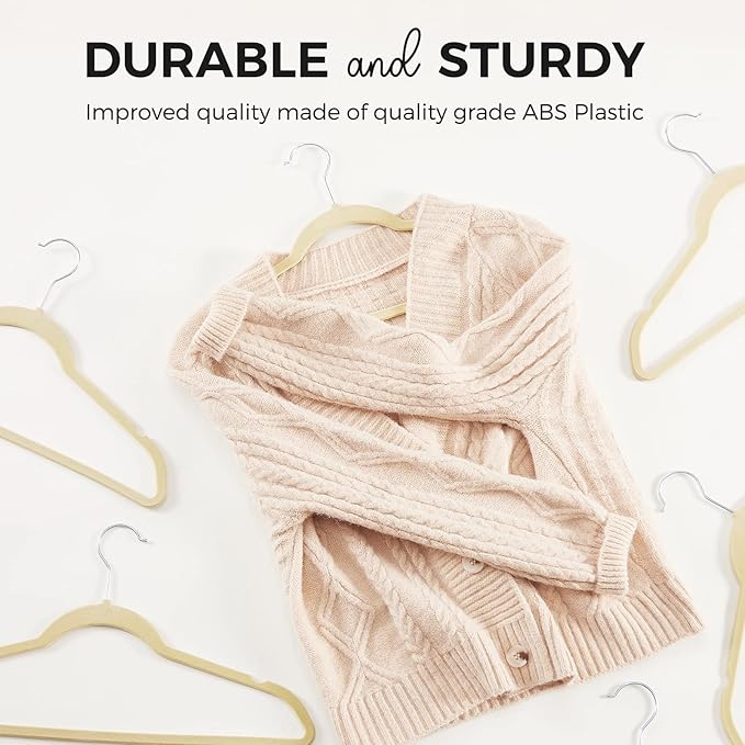 HOUSE DAY Premium Velvet Hangers 50 Pack, Non-Slip Flocked Felt Hangers, Sturdy Clothes Hangers with 360° Rotatable Hook, Heavy Duty Coat Hanger, Durable Slim Beige Hanger for Closet Space Saving