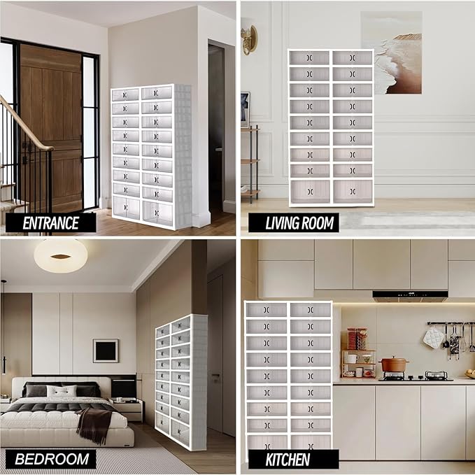 FAHKNS Foldable Shoe Rack, Transparent Shoe Boxes with Magnetic Double Doors, Shoe Organizer Storage for Entryway/Bedroom/Cloakroom, Large Shoe Cabinet with Hidden Bottom Roller 9 Tiers 4 Row (White)