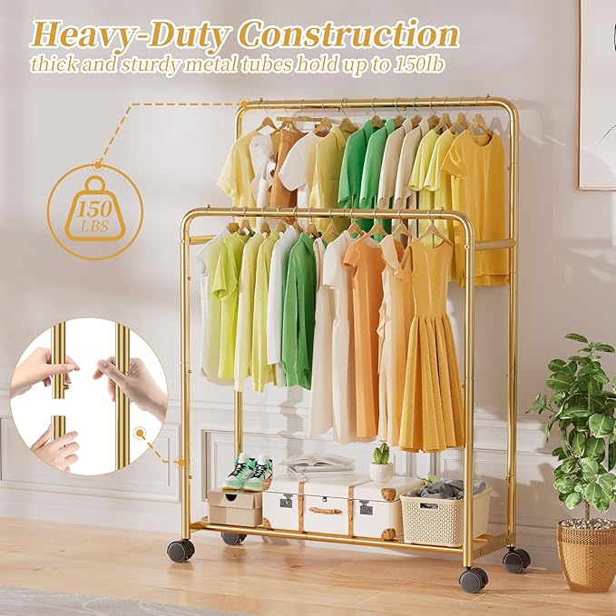Simple Trending Clothing Clothes Rack Double Rods with Wheels, Rolling Metal Garment Rack for Hanging, Gold