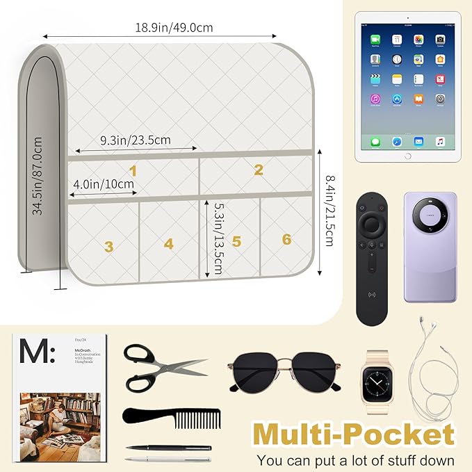Remote Control Holder for Recliner,Non Slip Armchair Caddy,Sofa Armrest Storage Organizer for Recliner Couch With 6 Pockets for TV Remote,Cell Phone,Magazine