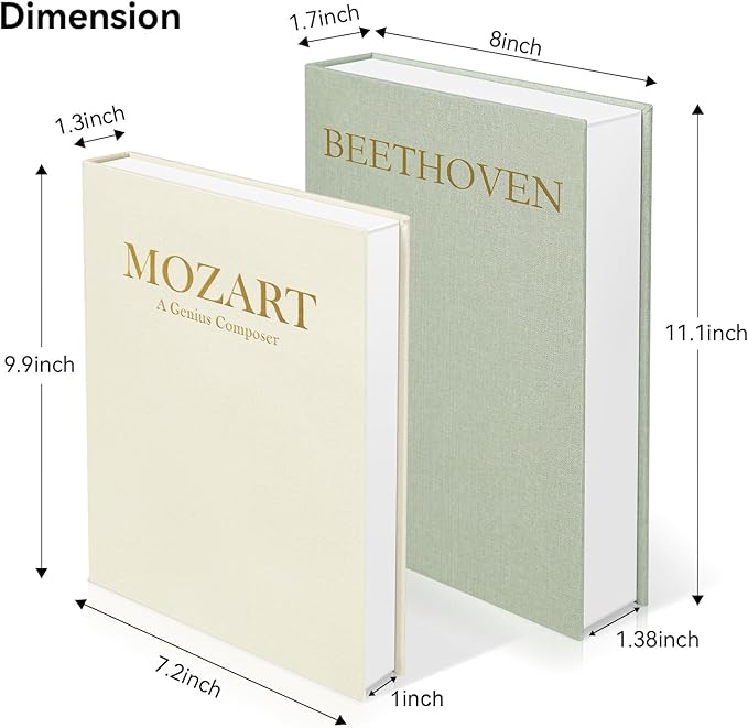 1DOT2 Aesthetic Decorative Books -Set of 2 Minimalist Linen Hardcover Faux/Fake Books for Coffee Table Home Decor Living Room Decoration, Photo Storage or as a Keepsake Box(Sage-beige-musician)
