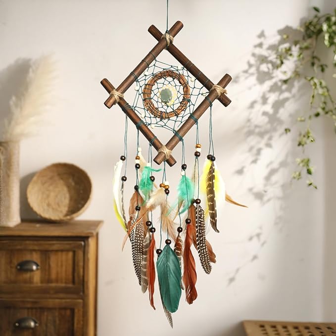 Dream Catcher Native American Boho Dreamcatcher Rattan Wood Wall Decor, Handmade Natural Dream Catchers with Healing Crystal Stone Feathers Ornament Indian Decor for Bedroom Living Room