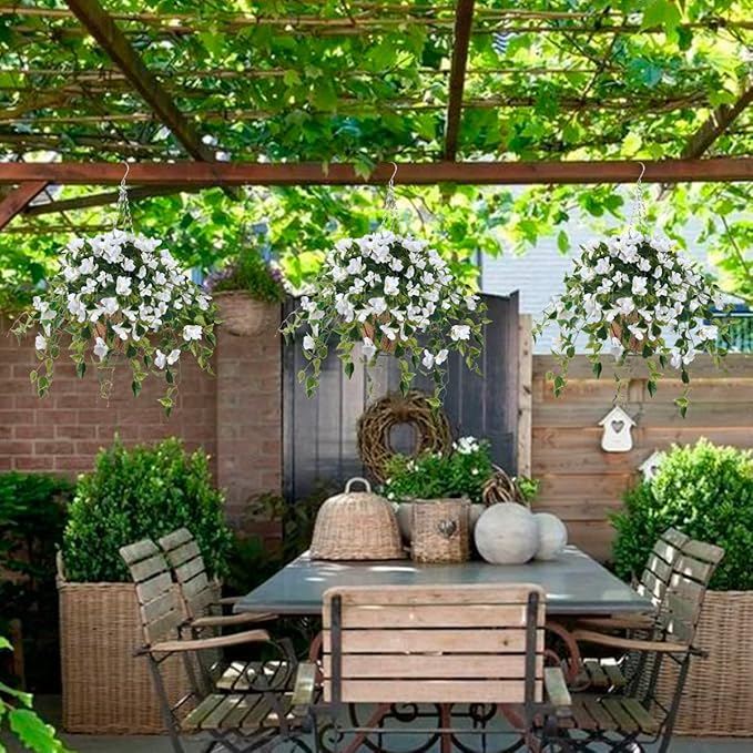 Homsunny Artificial Fake Flowers Plants with Hanging Baskets for Outdoor,4pcs Faux Silk Bougainvillea Silk Vine Flowers for Outdoor/Indoor Artificial Plant for Patio Lawn Garden Decor(White)