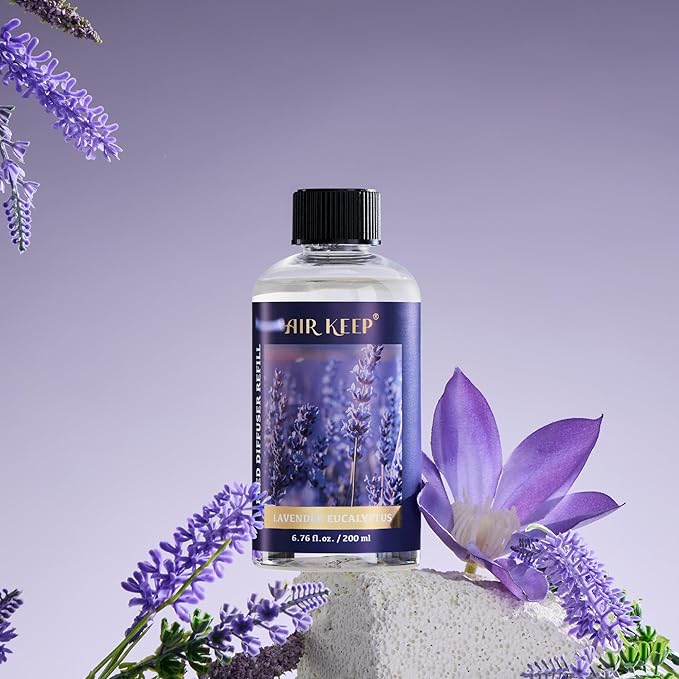 Airkeep Reed Diffuser Oil Refill with Diffuser Sticks, 6.76 Fl Oz(200ml) Lavender Eucalyptus Cotton Scented Oils, Aroma Therapy, Home Fragrance & Air Freshener, Office Décor, Decoration