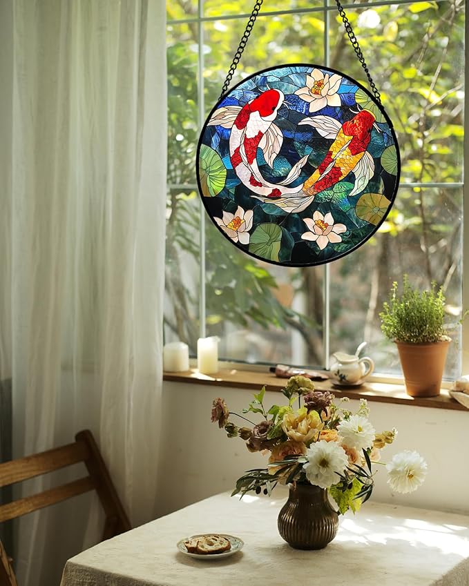 Stained Glass Window Hanging, Koi and Lotus Sun Catcher for Door Home Decor Fish Suncatcher Christmas Mother's Day Birthday Gifts for Women Men Mom and Nana 6.3 in