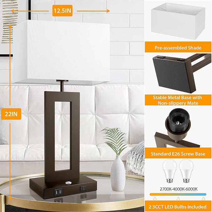 3 Color Temperatures Brown Table Lamps for Bedrooms Set of 2, 22’’ Touch Control Bedside Nightstand Lamps with 2 USB Ports & AC Outlet, Modern Lamp Sets for Living Room, Stepless Dimming, White Shade