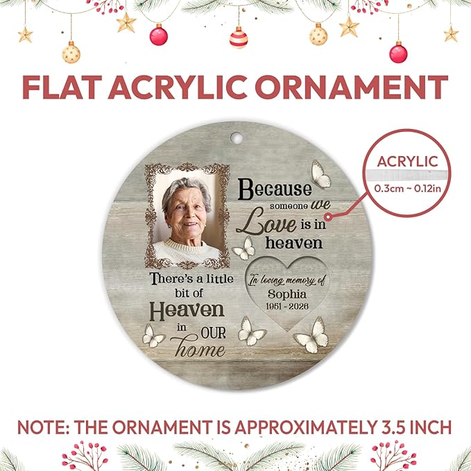 HYTURTLE Personalized Memorial Sympathy Christmas Ornament Gifts for Family Loss of Loved One Mom Dad, Remembrance Gifts for Family Loss, Custom Name Photo & Years Acrylic Circle Ornament