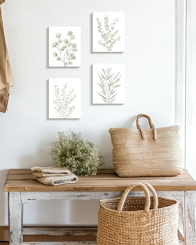 Drsoum Botanical Plant Framed Wall Art Boho Wall Decor for Bathroom Sage Green Eucalyptus Leaf Prints Minimalist Aesthetic Ready to Hang Set of 4, 8x10 in (Framed)
