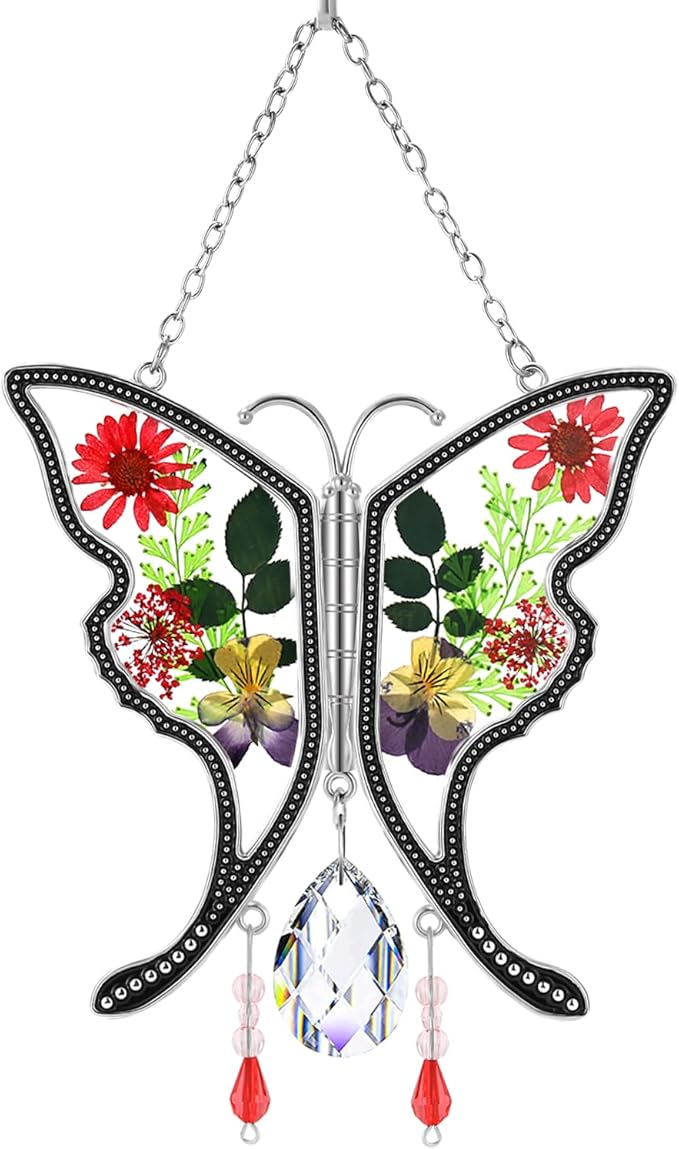 KY&BOSAM Butterfly Suncatcher Gifts for Mom Stained Glass Butterfly for Windows Hangings Wind Chime Ornament Pressed Rearl Flower Wings and Crystal Charm Birthday Gift for Mom Mother`s Day Christmas