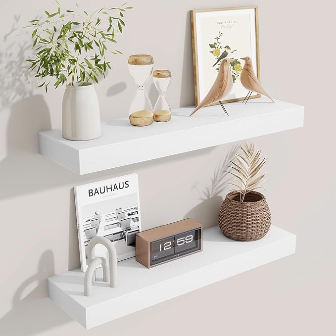 Fun Memories Floating Shelves Set of 2, 24 Inch Floating Shelves for Wall, Wood Wall Shelves with Invisible Brackets, for Bathroom, Bedroom, Living Room, Kitchen, White