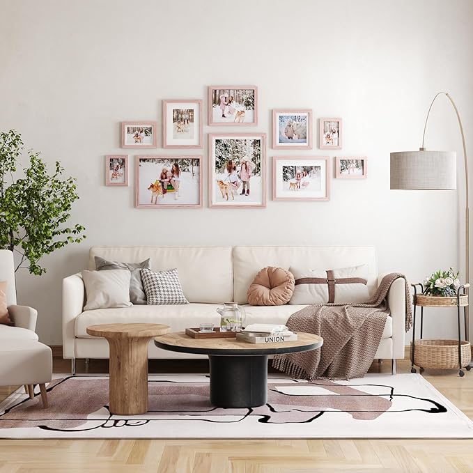 Egofine 12x16 Picture Frames Set of 4, Made of Solid Wood Covered by Plexiglass 9x12 and 11x14 with Mat or 12x16 without Mat, for Wall Mounting Photo Frame Peach Pink