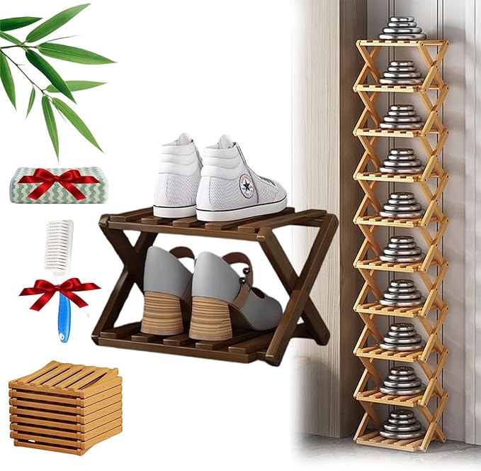 The 9-Tier No-Assembly Bamboo Rack, Foldable Stackable 9 Tier Bamboo Shoe Rack Vertical Storage Sturdy & Stable, Tall Narrow Space-Saving Expandable Shoe Rack for Entryway Closet Dorm (Brown,2 Tiers)