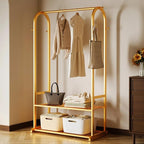 Gold clothing rack with bottom Storage shelves and 6 side hooks,Sturdy metal clothes rack for Hanging Clothes,Modern garment rack Wardrobe Rack for Bedroom or Boutique
