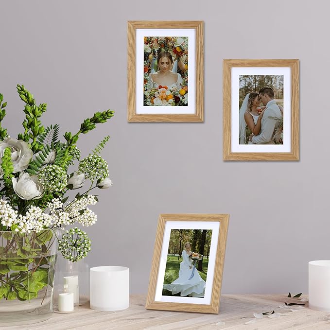 Lyeasw 4x6 Picture Frame Set of 15, Display Pictures 5x7 without Mat or 4x6 with Mat, Natural Wood Color Multi Photo Frames for Wall or Tabletop