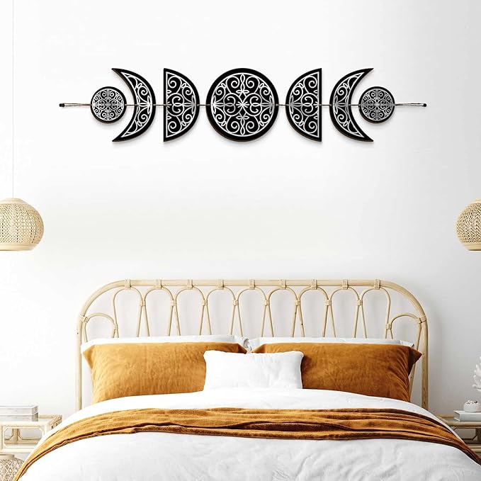 BBTO Boho Wall Decoration Moon Phases Wall Art Stars Moon Minimalist Room Decoration Wooden Gothic Witchy Pediments Hanging Sign