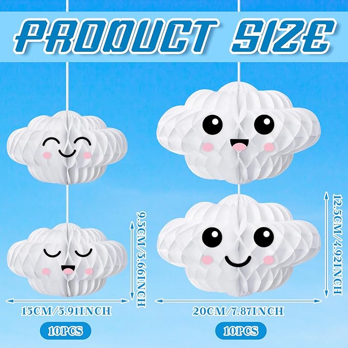 Affrolling 20 Pcs 3D Cloud Decorations Hanging Honeycomb Decor Artificial Cloud Ornaments for Ceiling Art Wedding Birthday Nursery Room Baby Shower Party Decorations (Medium,Cute Style)