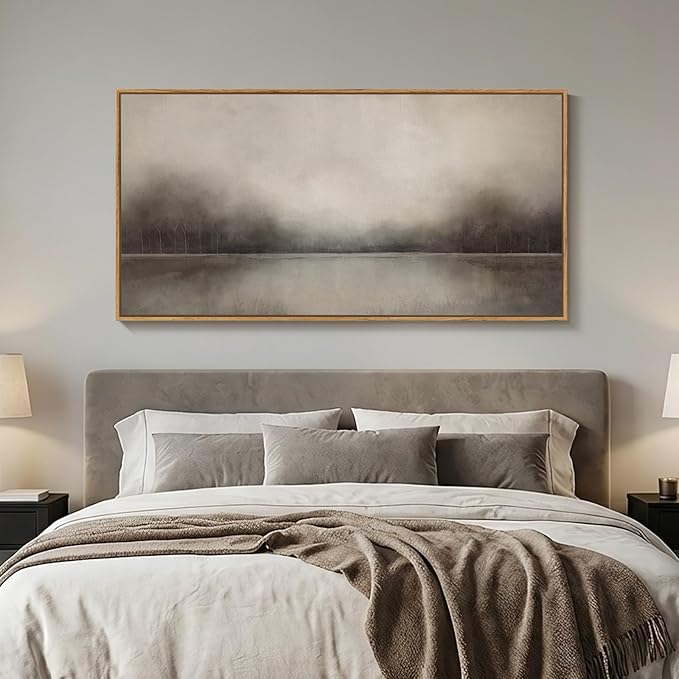Large Framed Rustic Canvas Wall Art for Living Room, Neutral Abstract Nature Modern Prints Paintings Artwork for Walls, Horizontal Lake Landscape Pictures Wall Decor for Bedroom and Office, 30x60 In