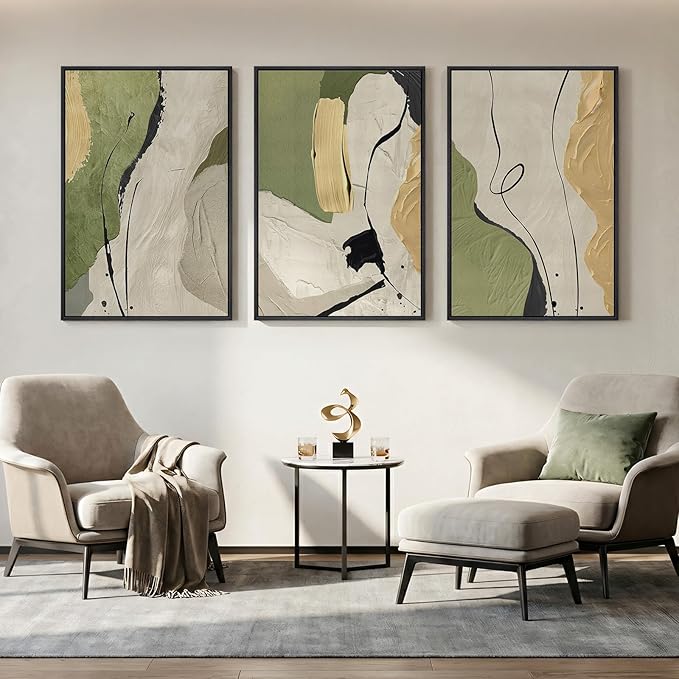 Large Framed Abstract Wall Art for Living Room, 3 Piece Modern Canvas Prints Paintings, Minimalist Green Beige Yellow Color Block Pictures for Hallway Dining Room Bedroom Office Wall Decor 24x36 In